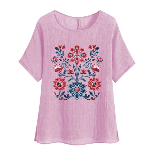Camiseta de Mujer Camiseta de Manga Corta Impresión Casual Raglan Suelto de Lino Top Blusas, Cuello de la Tripulación