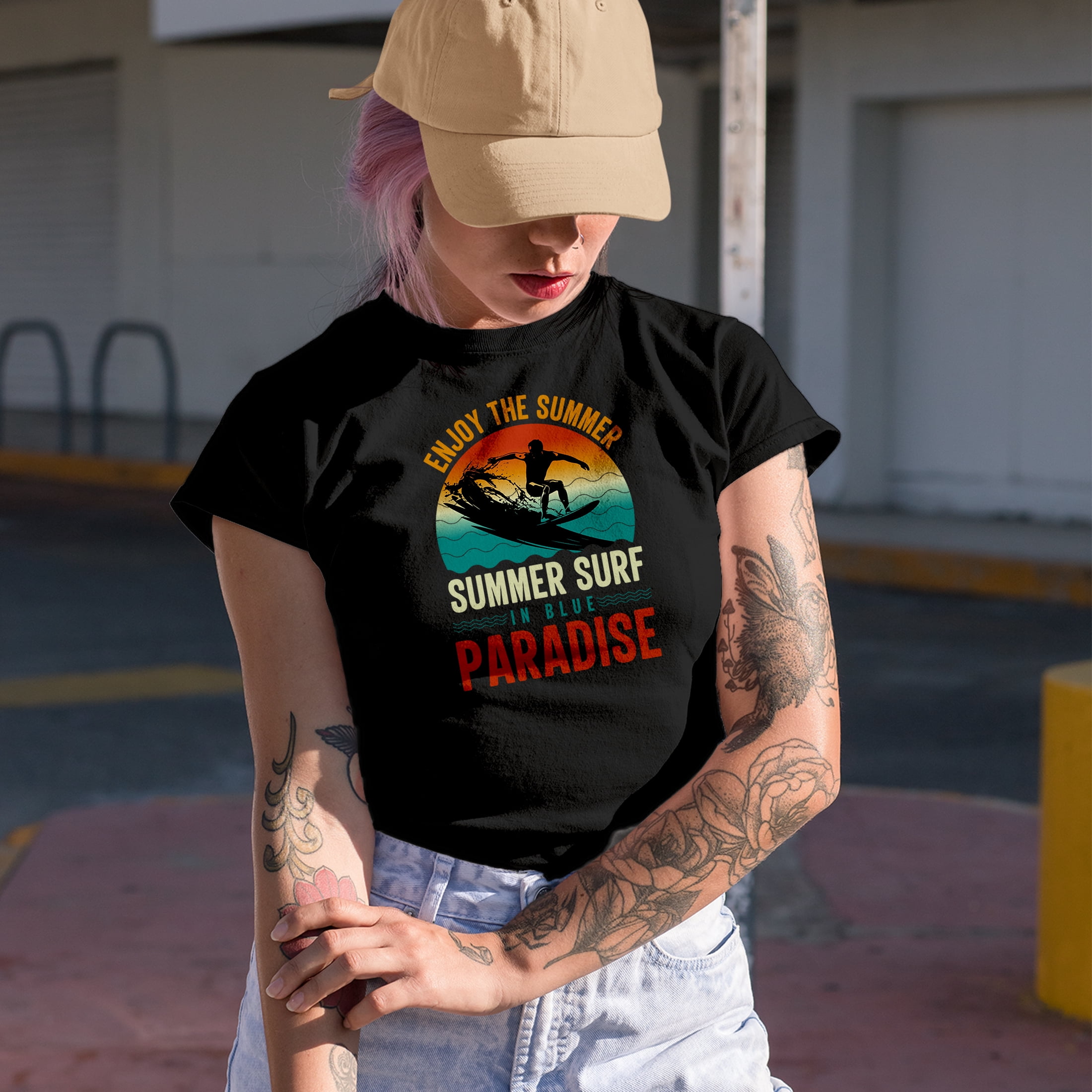 Surfer or Surfing Enthusiast - Enjoy the Summer, Summer Surf in Blue Paradise, Military Green T-Shirt, Large