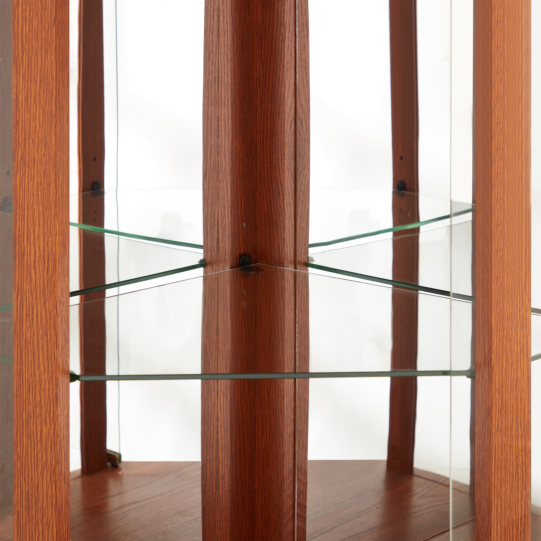 PORKISS Lighted 3-Side Glass Display Curio Cabinet with Tempered Glass Doors and Shelves, China Cabinet Wood Corner Cabinet with Bulb, Corner Curio Storage Rack for Bar, Liquor Storage, Dark Oak