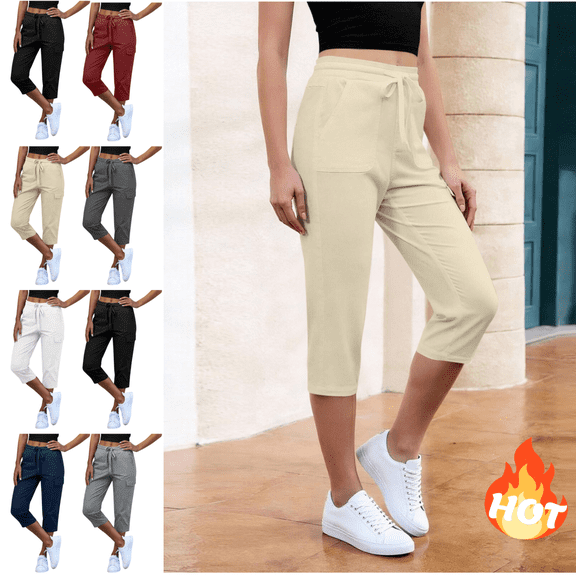 Mifsaly Capri Cargo Pants Women with Mutil Pockets Drawstring High Waist Hiking Pant Lightweight Everyday Outdoor Summer Lounge Trousers Khaki
