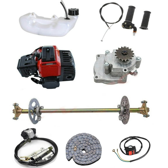 29" Go Kart Rear Live Axle Kit with Wheel Hubs, Brake Assembly, T8F Chain Sprocket,50cc 49cc 2 Stroke Engine,Gear Box, Fuel Tank for DIY Parts ATV Quad Buggy Drift Trike