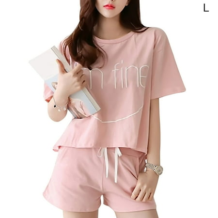 

Women Sleepwear Set Short Sleeve Top Shorts Casual Nightwear Nightgown L