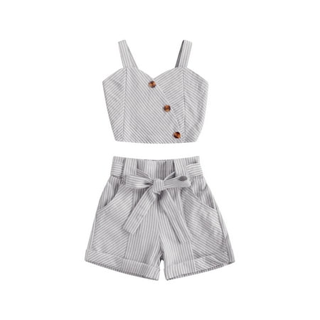 

Fanvereka Little Girl’s Summer Stripe Oblique Breasted Suspender Tops and Bandage Shorts