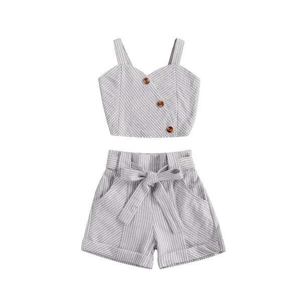 Baby Girl Summer Outfit 2Pcs Shorts Set Stripe Oblique Breasted Suspender  Tops + Bandage Short Pants with Belt