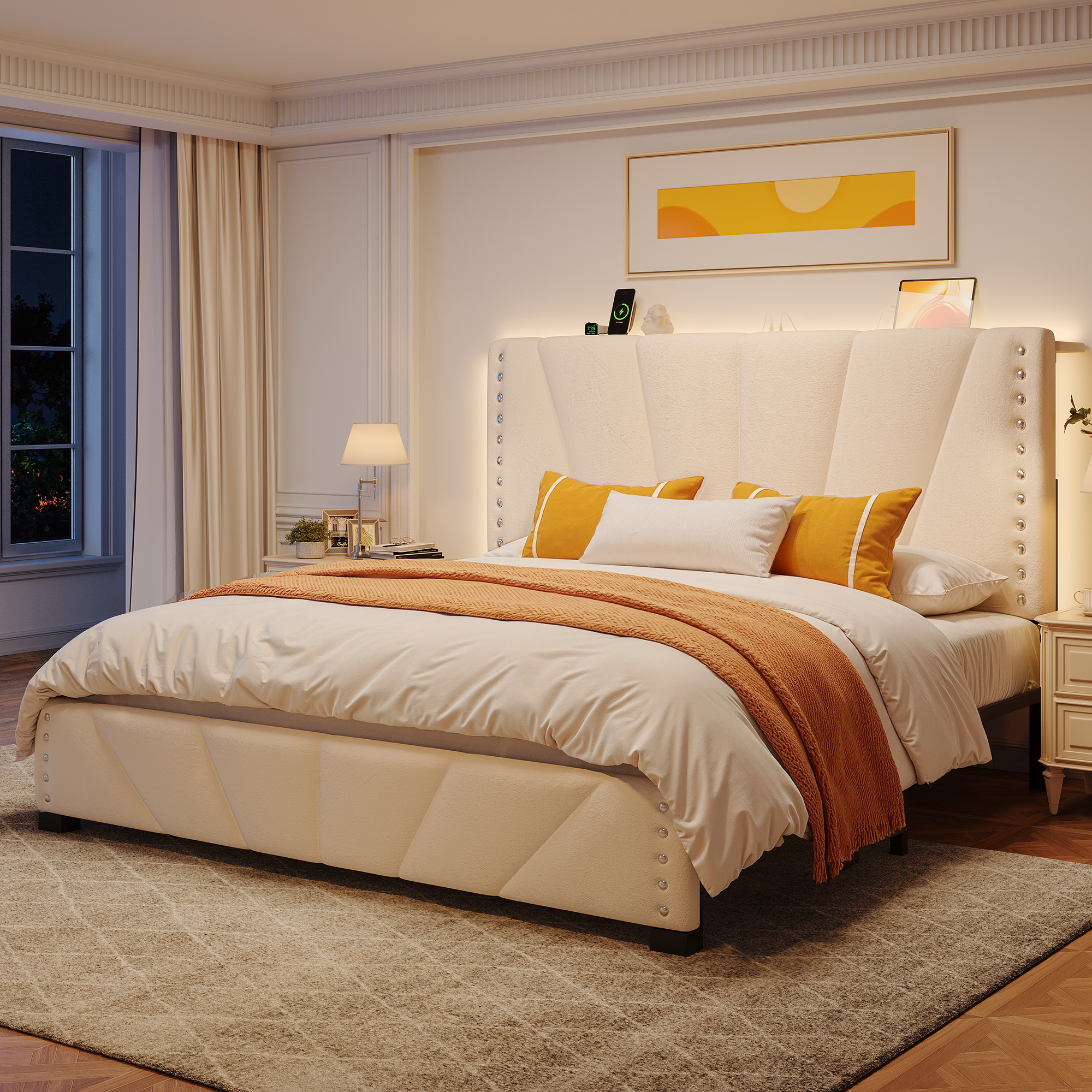 EnHomee Queen Platform Bed with LED Lights & Headboard, Beige photo 4