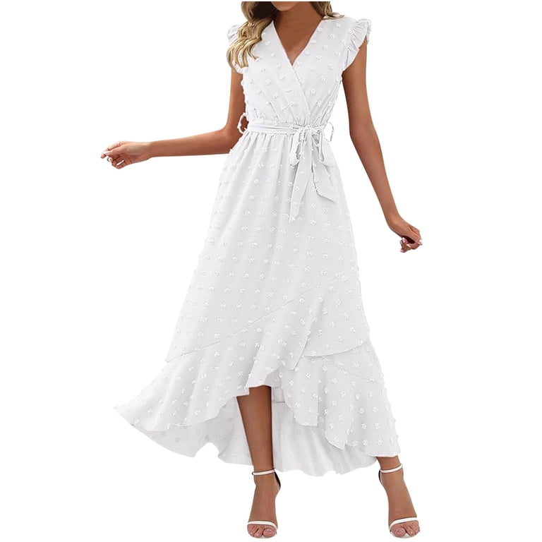 Sakmal White Sundresses for Women 2024 Maxi V-Neck Solid Asymmetrical  Opening Short Sleeve Ruffle A-Line Dress - Walmart.com