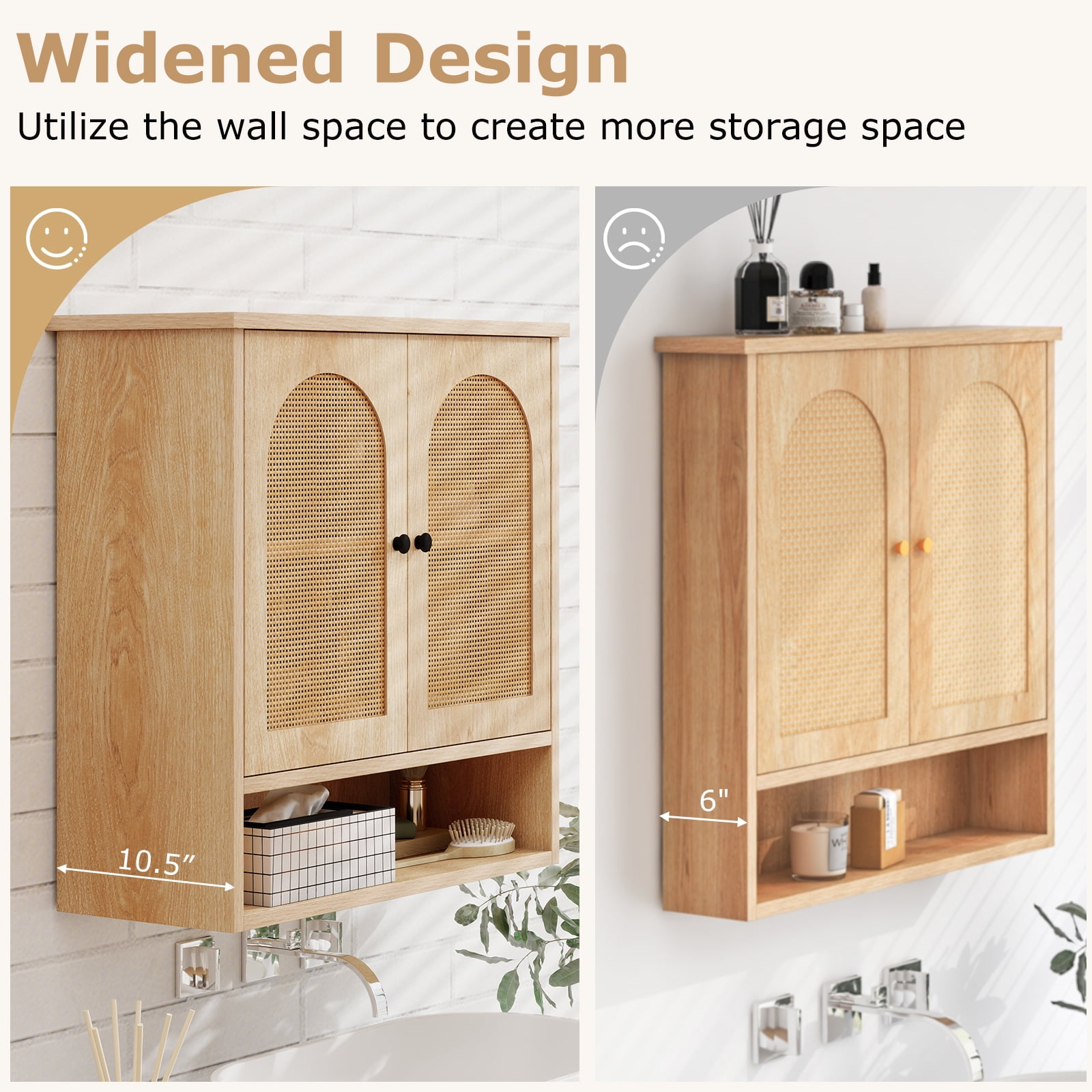 Giantex Bathroom Wall-Mounted Cabinet, Faux Rattan Medicine Cabinet w/Adjustable Shelves, Storage Cabinet Over Toilet