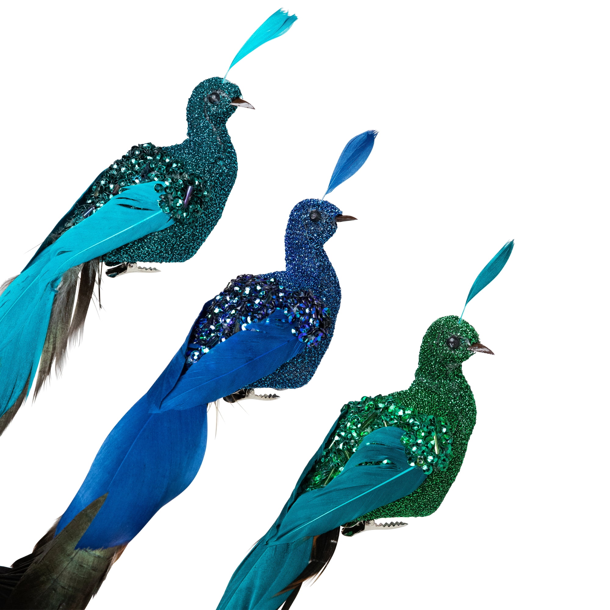 Sequin Peacock Clip-on Christmas Ornaments - 9" - Blue and Green - Set of 3