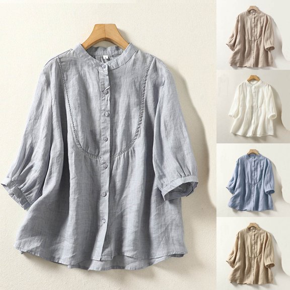 HAPIMO Women's Trendy Cotton Linen Loose Babydolls Shirts Clearance 3/4 Sleeve for Teen Girls Summer Solid Color Crew Neck Button Pullover Elegant Casual Relaxed Blouses Blue XL