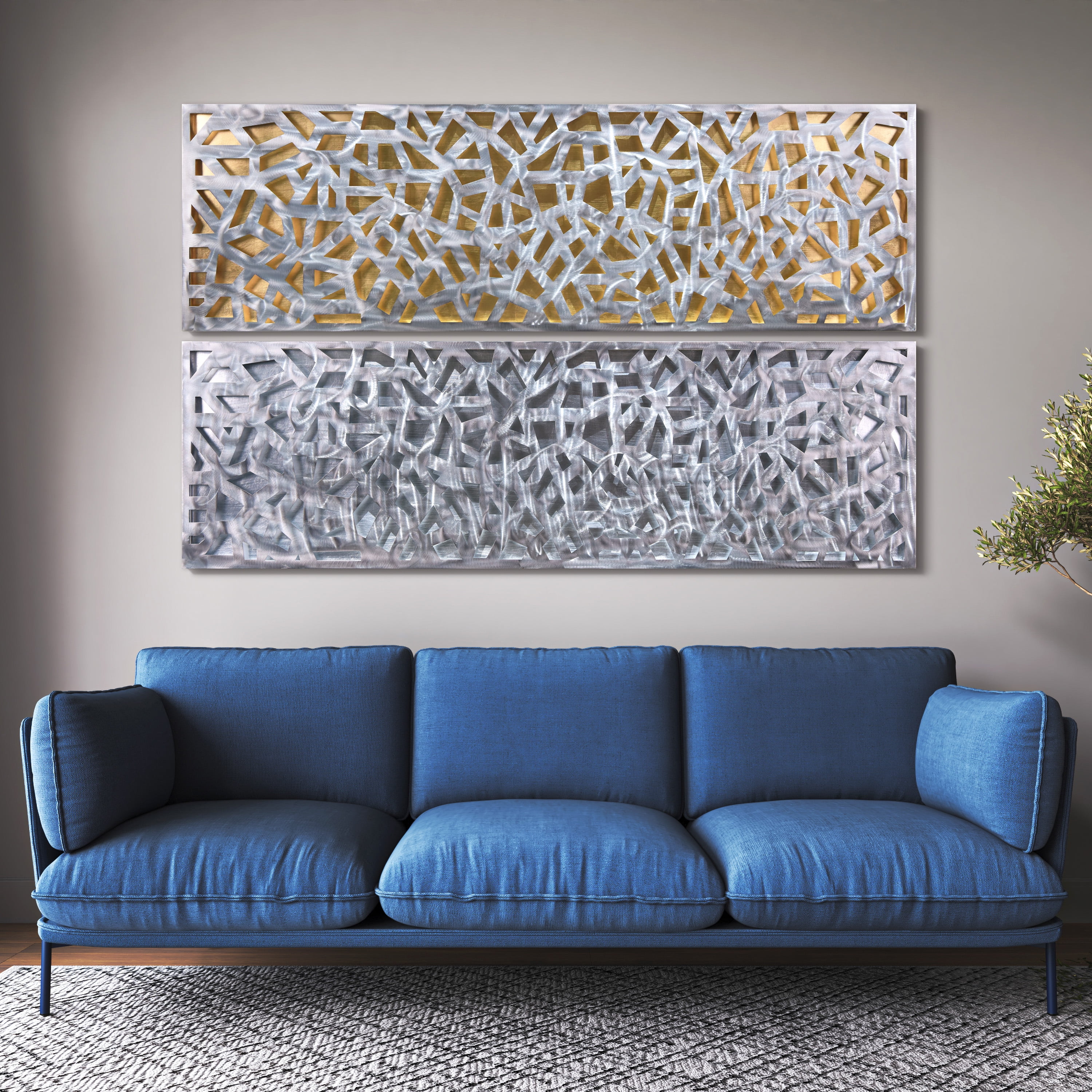 Radiant Fusion & Shimmering Cascade on Gold & Silver Leaf encased on a 3D Polished Steel Abstract Metal Wall Art