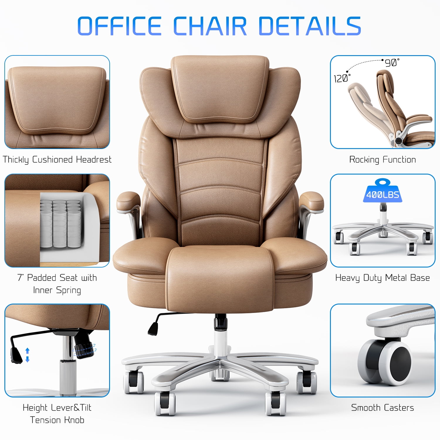 HomeZeer Big and Tall Office Chair 400lbs, High Back Leather Executive Office Chair with Adjustable Armrest, Modern Ergonomic Office Chair with Wide Seat and Lumbar Support, Brown