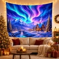 thumbnail image 3 of Northern Lights Over Snowy Mountains with a Cozy Cabin, Mystical Fantasy for Nature Lovers, Winter Landscape Art Christmas Gift Tapestry Wall Hanging for Bedroom and Living Room, 3 of 7
