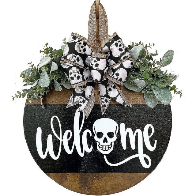 Señal de bienvenida de Halloween para puerta de entrada, patrón lindo clásico, señal de puerta de bienvenida de madera redonda, decoración colgante de 30cm