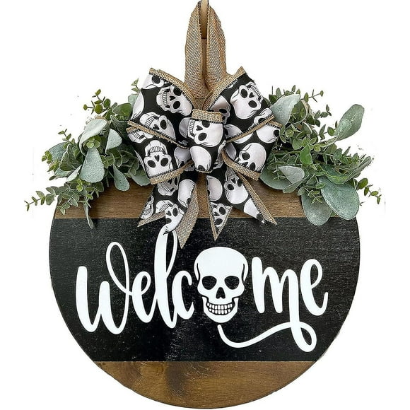 Señal de bienvenida de Halloween para puerta de entrada, patrón lindo clásico, señal de puerta de bienvenida de madera redonda, decoración colgante de 30cm