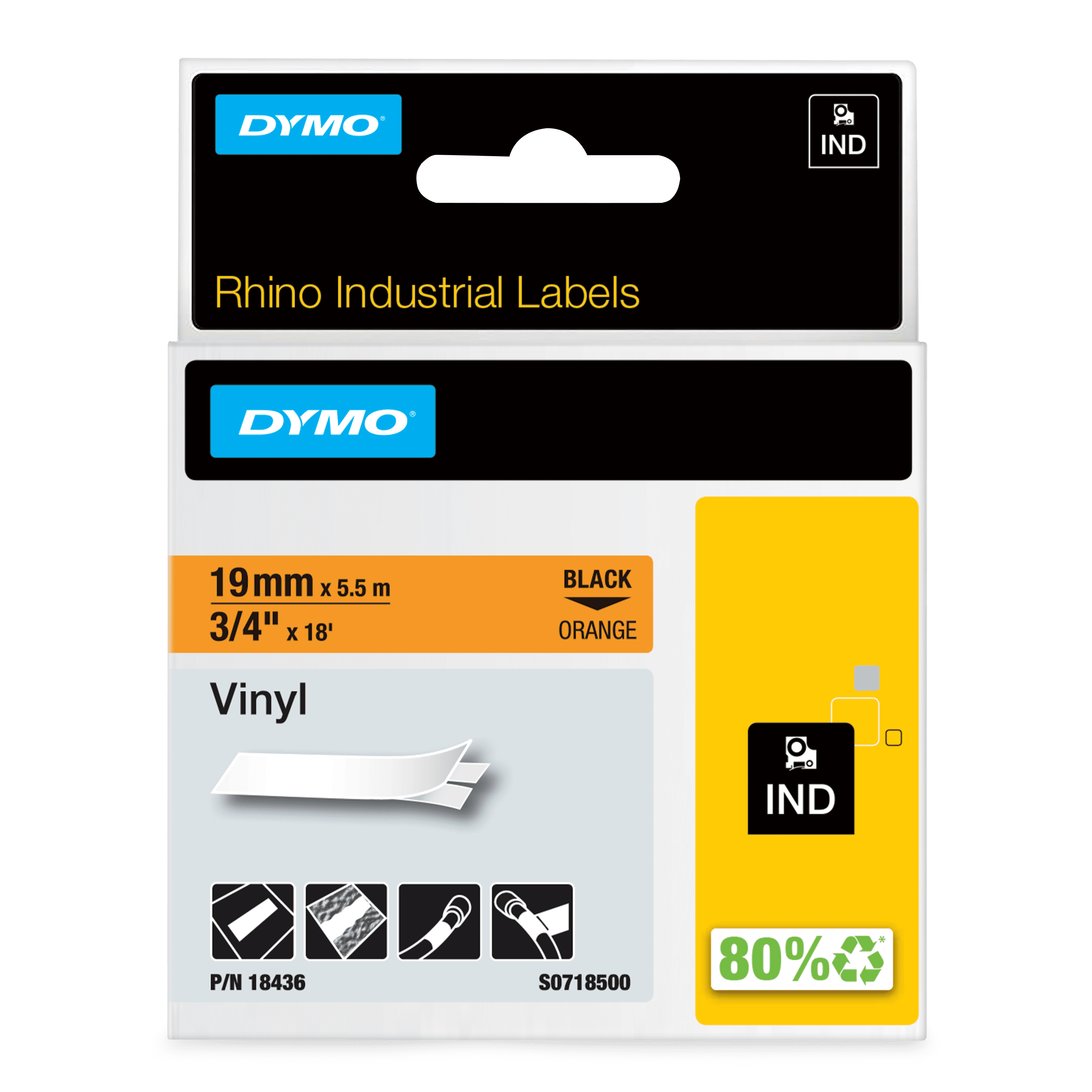 DYMO Rhino Industrial Vinyl Labels, 3/4', Black Print on Orange Tape