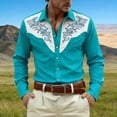 thumbnail image 2 of IROINNID Men Western Floral Embroidery Contrast Yoke Turndown Collar Long Sleeve Button Down Shirt, Vintage Cowboy Casual Dress Top for Party Stage Daily Western Style Outfit(Sky Blue,2XL), 2 of 4