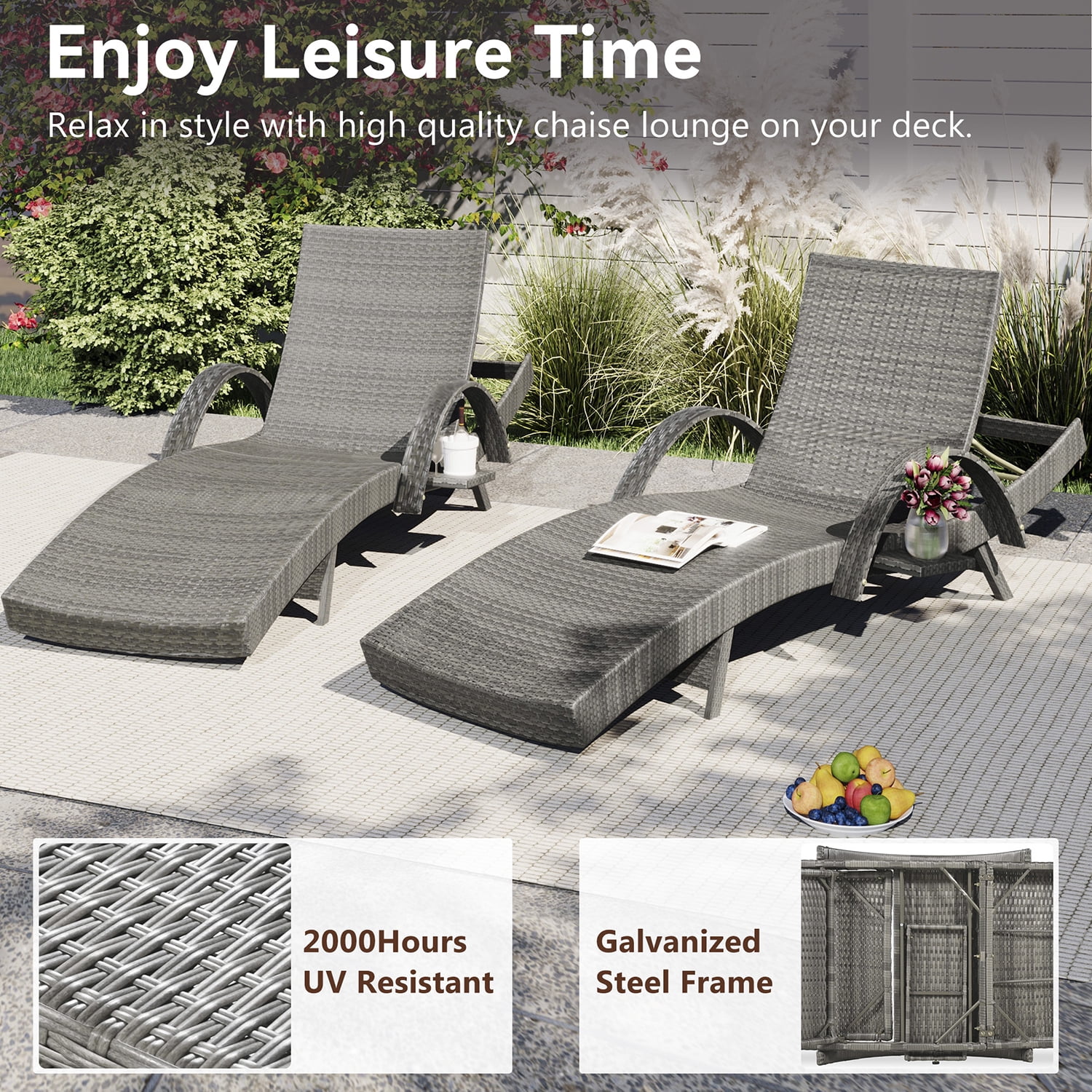 Aimee Lii Set of 2 Patio Wicker Adjustable Backrest Ergonomic Chaise Lounge Chairs with Pull-out Side Table, Convenient and Comfortable, Gray Aimee Lii Set of 2 Patio Wicker Adjustable Backrest Ergonomic Chaise Lounge Chairs with Pull-out Side Table, Convenient and Comfortable, Gray
