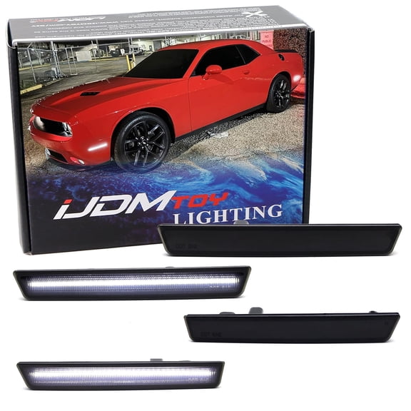 Smoked Lens All White Full LED Side Marker Light Kit For Dodge 2015-24 Challenger, Powered by Total 180-SMD LED, Replace OEM Sidemarker Lamps