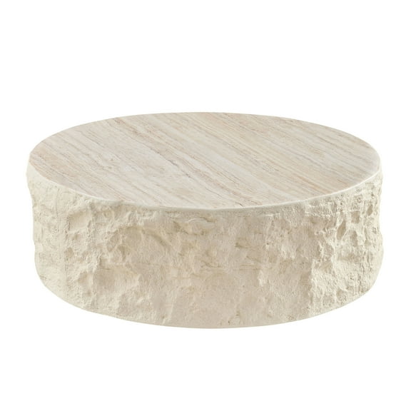 JERFIT 35.4" Round Beige Fiberglass Coffee Table, Imitation Stone Finish, Modern Center Table for Living Room, Sofa Table, No Assembly Required