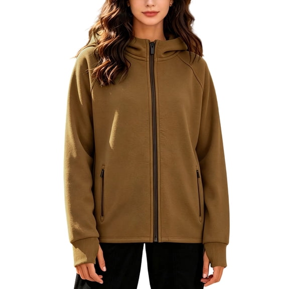 Kezqiaxn Womens Zip up Hoodies Long Sleeve Casual Workout Sweatshirt with Pockets Fall Plus Size Women Clothing Brown XXXL