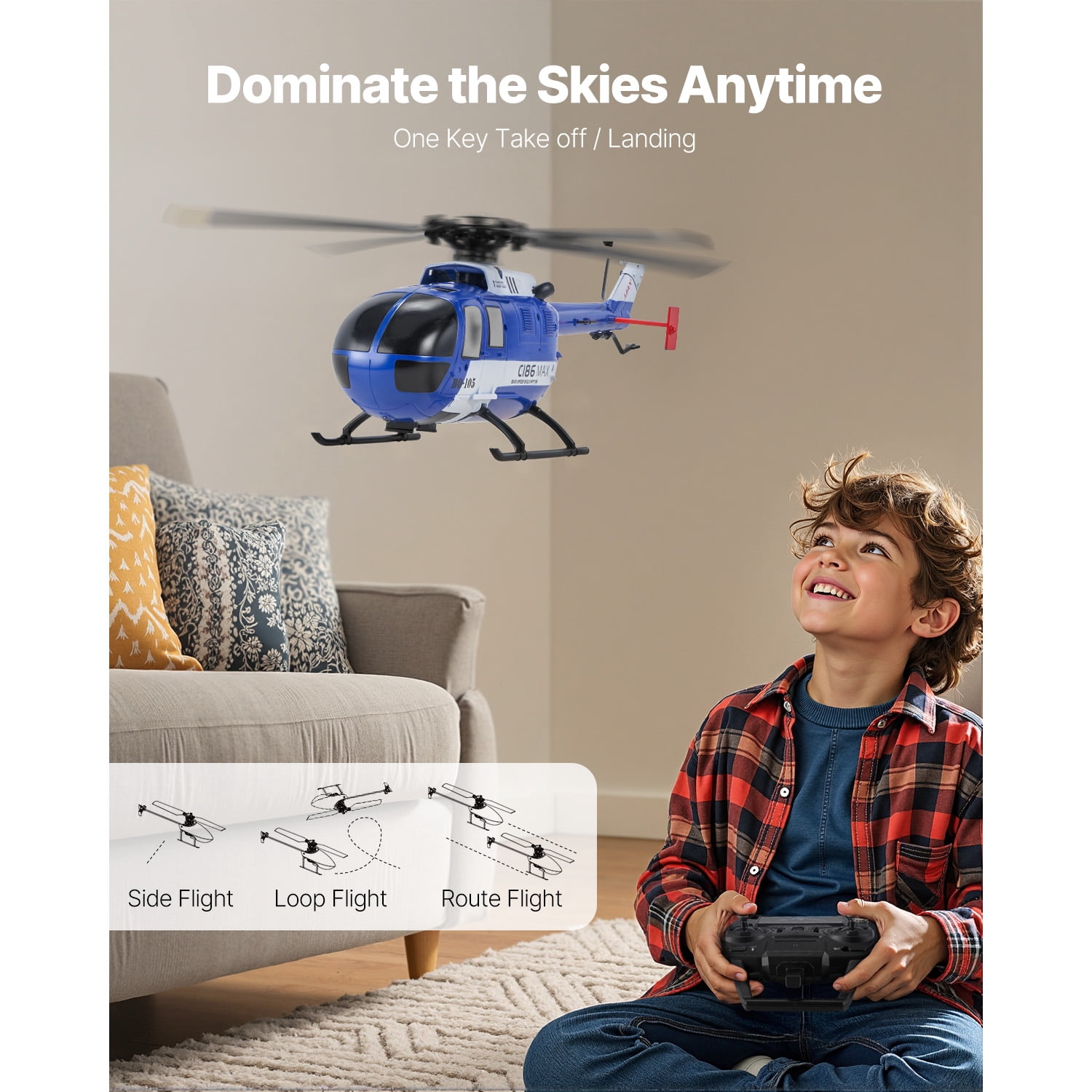 VEVOR RC Helicopter, 2.4GHz 4-Propeller Remote Control Helicopter with 6-Axis Gyro, 4-Channel RC Airplane for Beginner, LED Light & One-Key Takeoff/Landing, Plane Toys for Kids Ages 8 and up