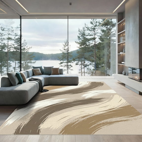 ODIKA 4'x6' Machine Washable Non-Slip Area Rug, Abstract Beige High Traffic Rug, Beige, 1283412