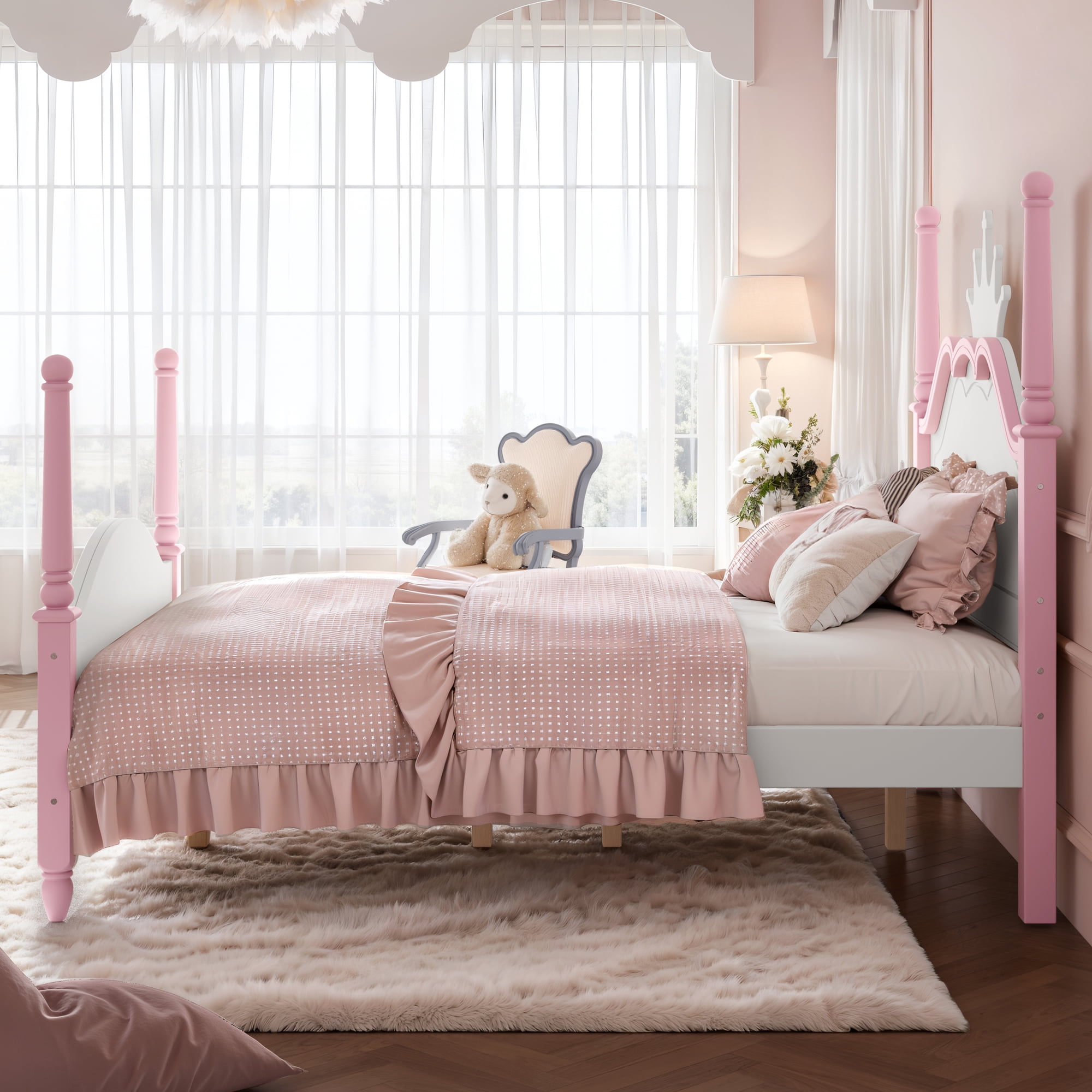 GARITIN Full Size Crown Shaped Platform Bed, Four Poster Wooden Bed Frame, Elegant Curved Headboard Bed Frame for Bedroom Guest Room, White&Pink