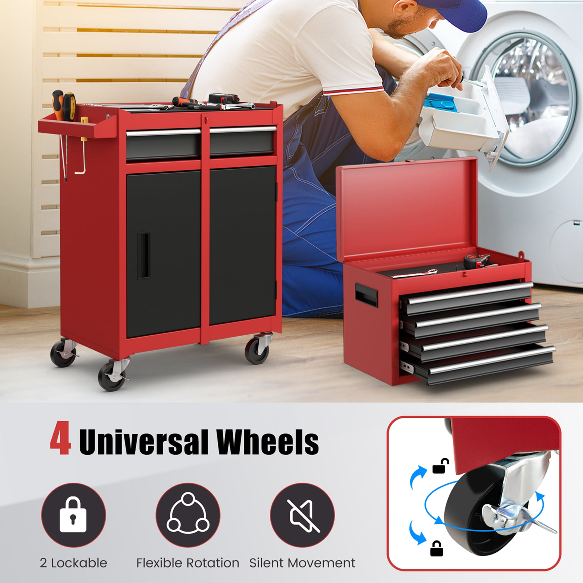 Costway 2 in 1 Tool Chest & Cabinet with 5 Sliding Drawers Rolling Garage Box Organizer