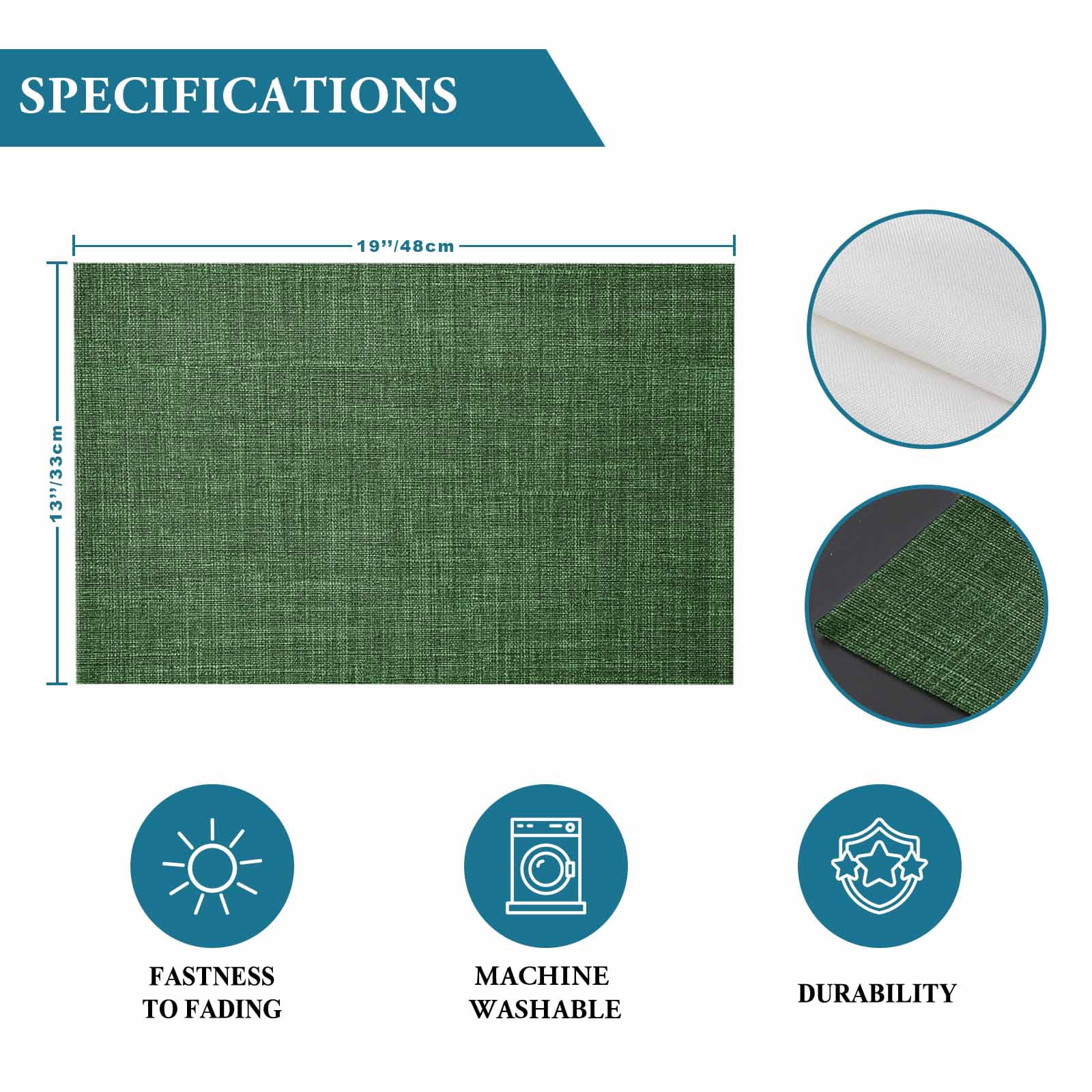 Placemats Set of 4, Green Linen Texture Placemats Set of 4, Vintage Solid Color Tablemats Washable Placemat Table Decoration for Kitchen Table Dinner Party Home Decor Indoor Outdoor 13x19 Inch