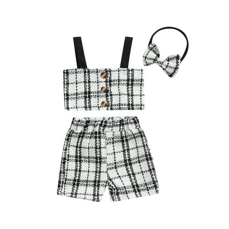 

aturustex Black White Plaid Pattern Tank Tops Wide Leg Shorts and Bow Knot Headdress Baby Girls Three-piece Shorts Set