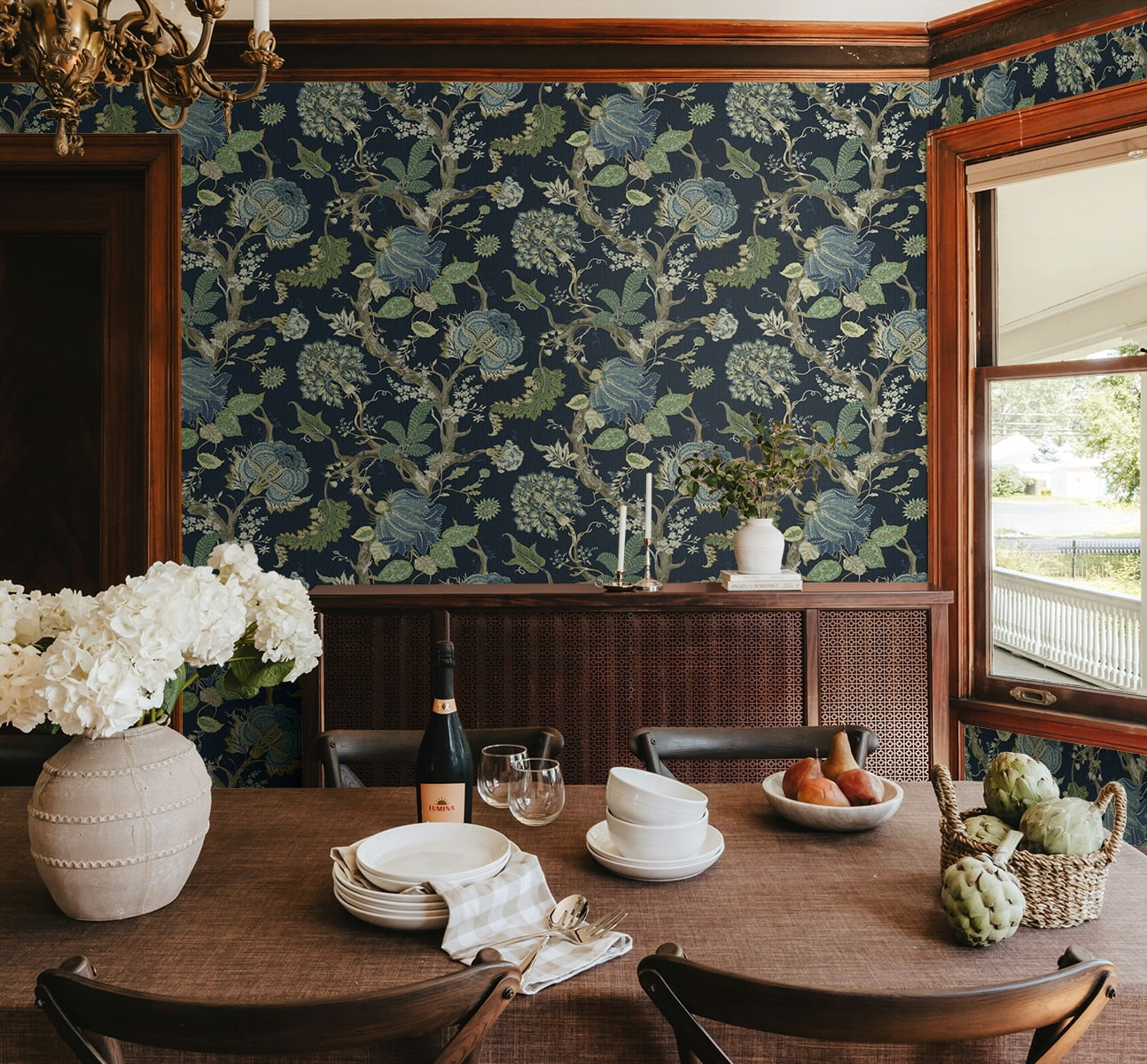 Harry & Grace Midnight Blue & Greenery Jacobean Trail Premium Matte Non-Woven Peel and Stick Wallpaper - 20.5 in. W x 18 ft. L Roll
