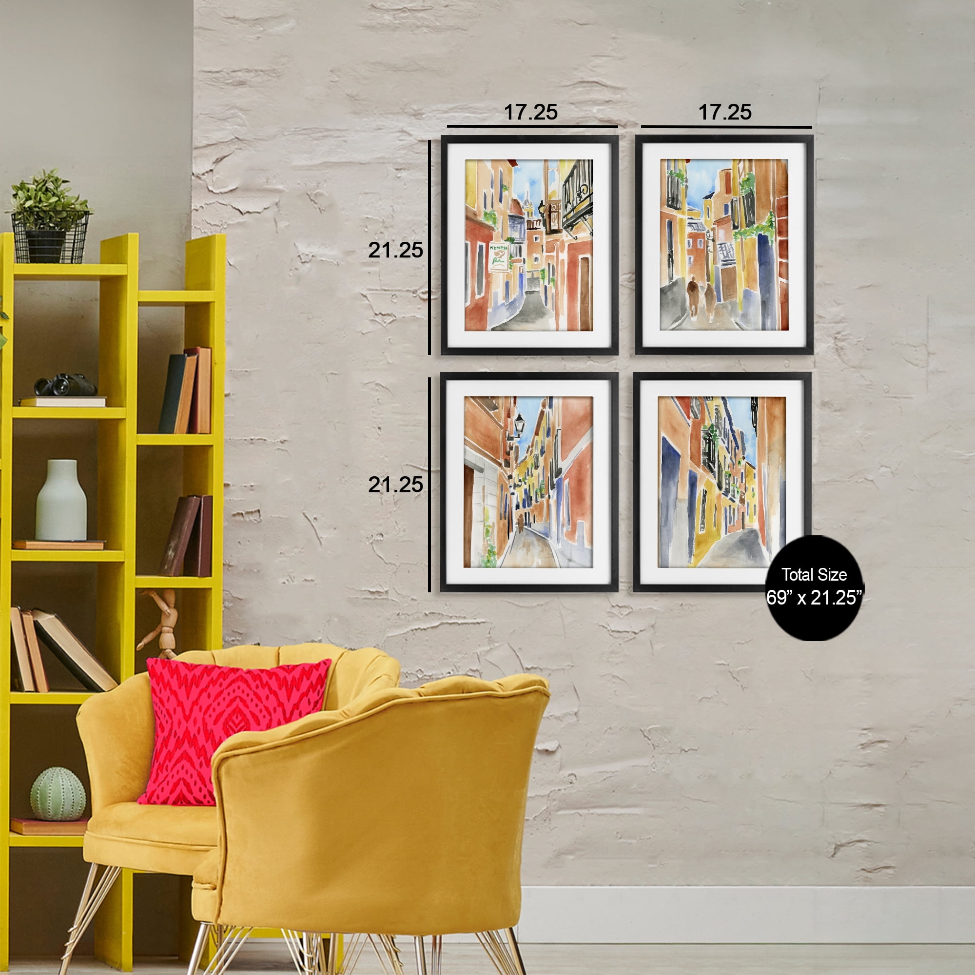 Stupell Industries Madrid Buildings & Architecture 4 Piece Black Framed Print Under Glass Set, design by June Erica Vess