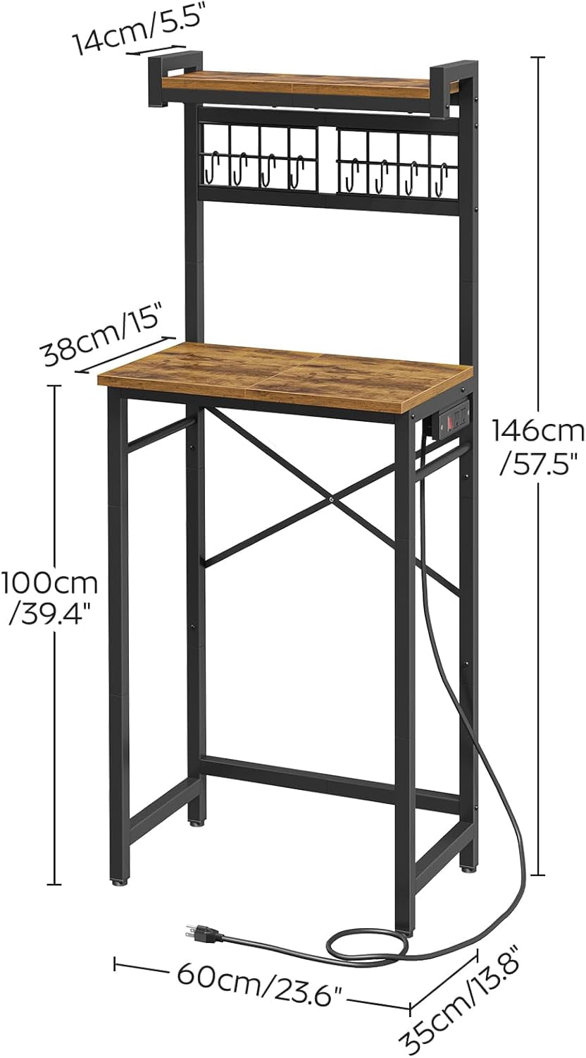 Bakers Rack with Mini Fridge Stand 57.5" H, Microwave Stand with Charging Station Coffee Bar with 8 Hooks X‑Shaped Brace Rustic Brown