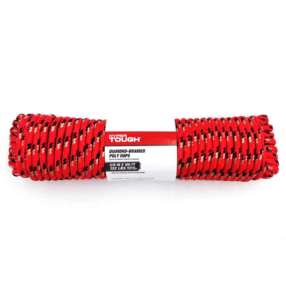 Hyper Tough Diamond Braided Polypropylene Rope, Red, 3/8 inch x 100