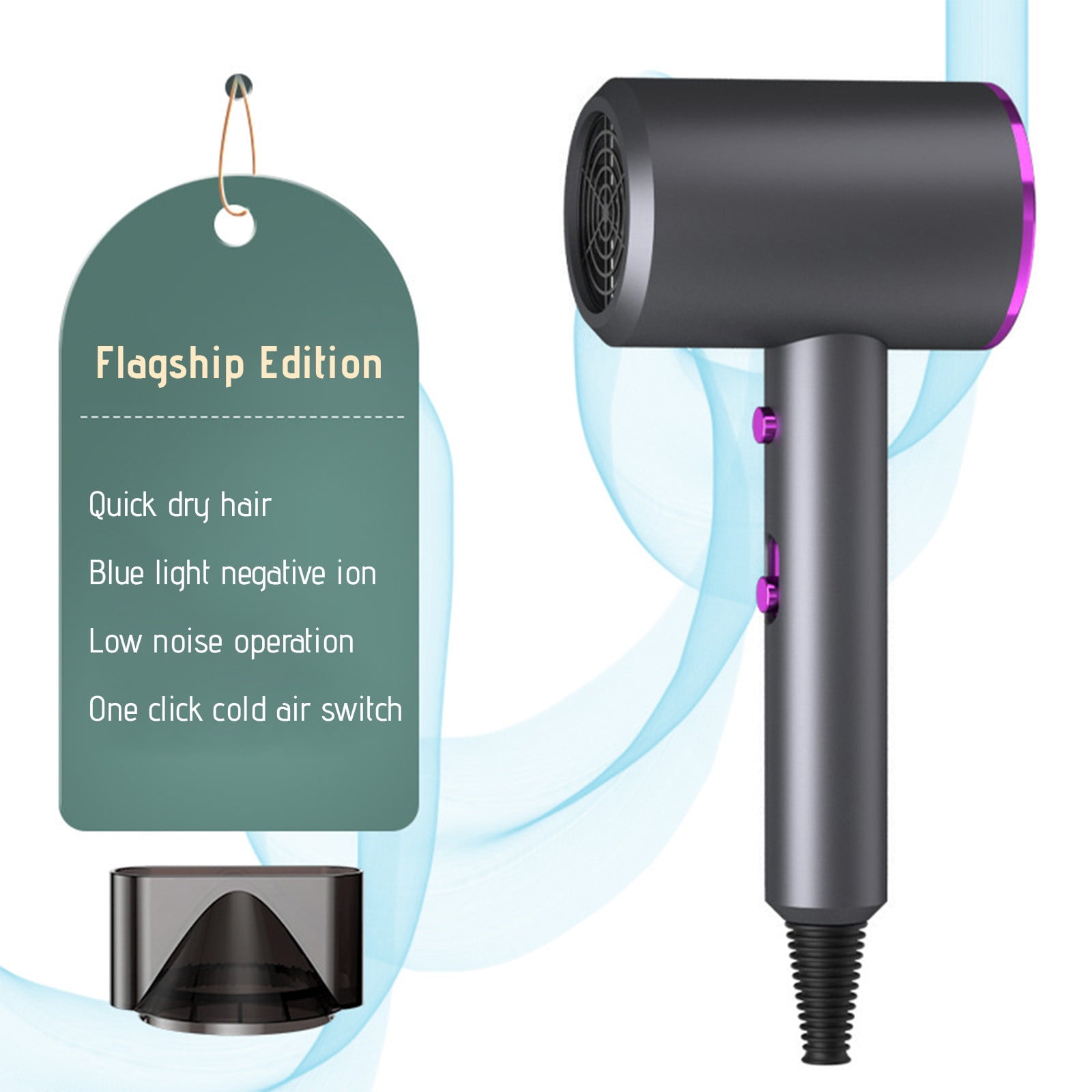 Negative Ion Hair Dryer, Compact Portable Blow Dryer, Fast Drying Hair Styling Tool, Quiet Operation with Diffuser, Home and Travel Use