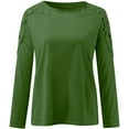 thumbnail image 5 of Summer Polyester Long Sleeve Crewneck T Shirts for Women Green Layered Look Solid Color Crew Neck Weekend Women's Round Hollow Stitching Sleeved Shirt S, 5 of 5