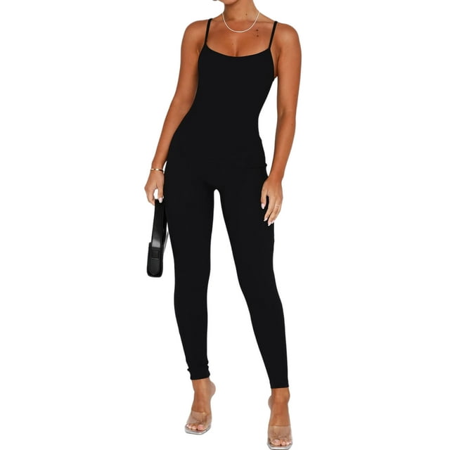 Bellella Combinaisons pour Femmes Col Rond Pantalon Long Combinaison Extensible Décontractée Bretelles Spaghetti une Pièce Femmes 2831 Noir 2TG