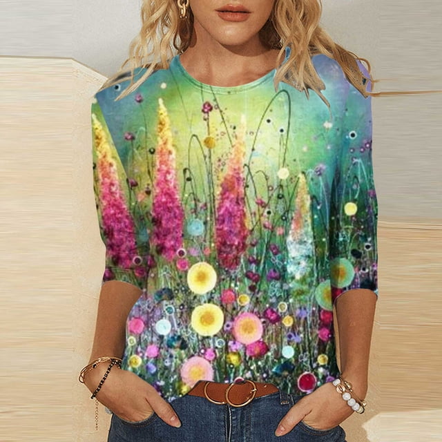 Pntutb Grande Taille Liquidation! T-Shirt Imprimé pour Femme Blouse à Manches 3/4 Col Rond Hauts Décontractés
