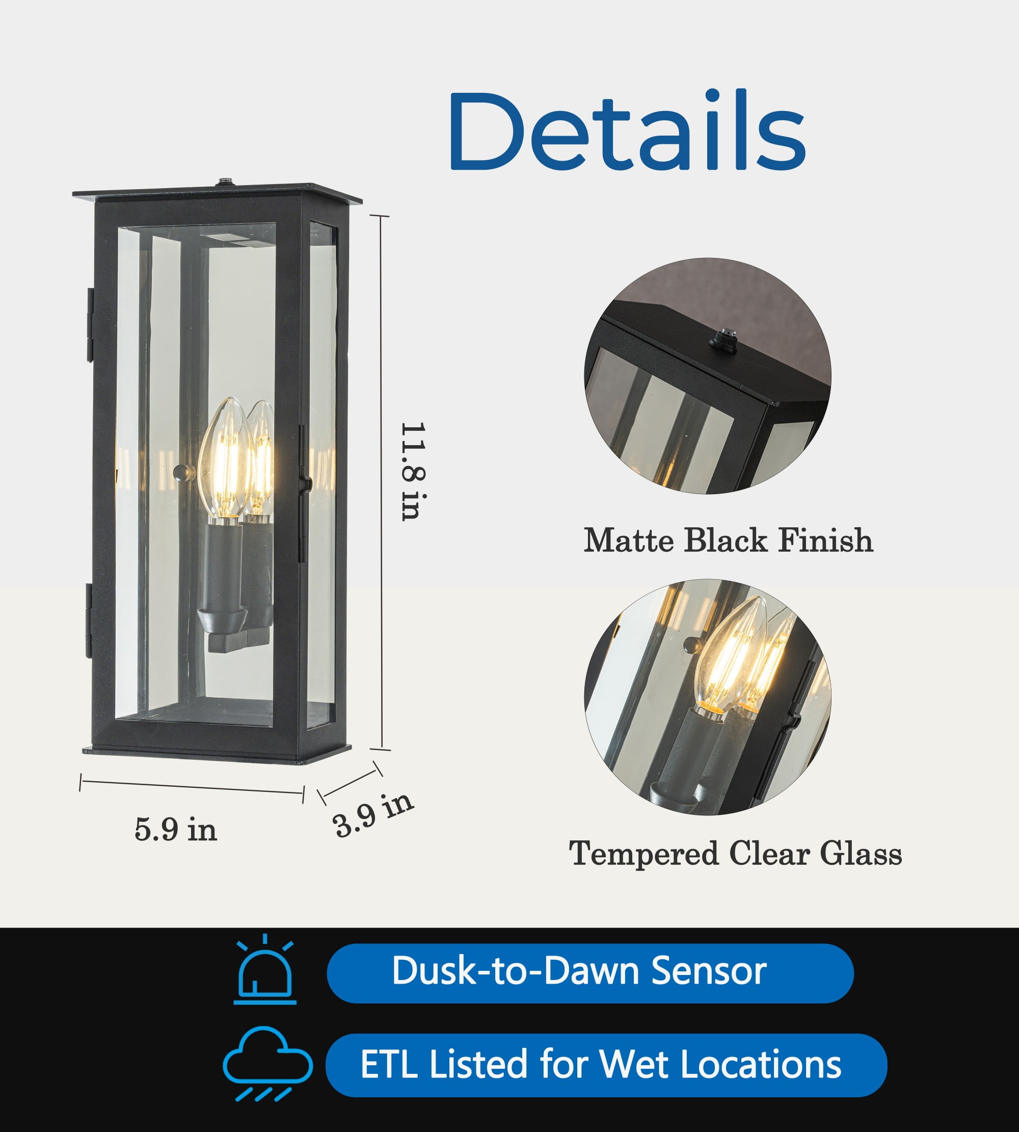 1 Light H12 in. Modern Matte Black Outdoor Wall Light with Dusk-to-Dawn Sensor Simplicity Exterior Wall Sconce with Clear Glass Shade for Porch Garden