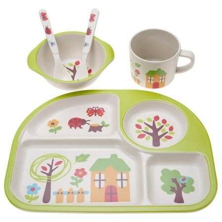 

5Pcs/Set -Friendly Bamboo Fiber Baby Plate Dishes 4 Slots Children Dishes Dinnerware Gift Baby Green