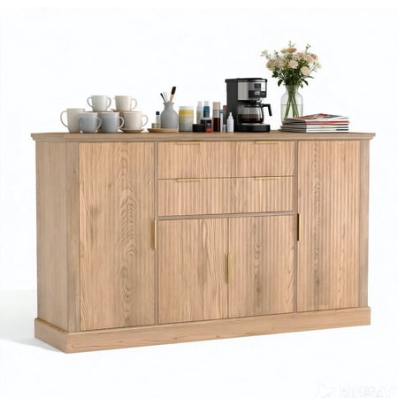 58 Sideboard Buffet Cabinet Fluted Coffee Bar Cabinet with 2 Drawers Wooden Media Console Table Accent Credenza for Living Room Kitchen Oak