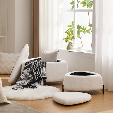 Oufan 2PCS Ottoman Bench w/ Storage Faux Fur Footrest w/ Metal Legs&Reversible Lid Triangle Bed Bench Coffee Side Table Window Bench for Bedroom