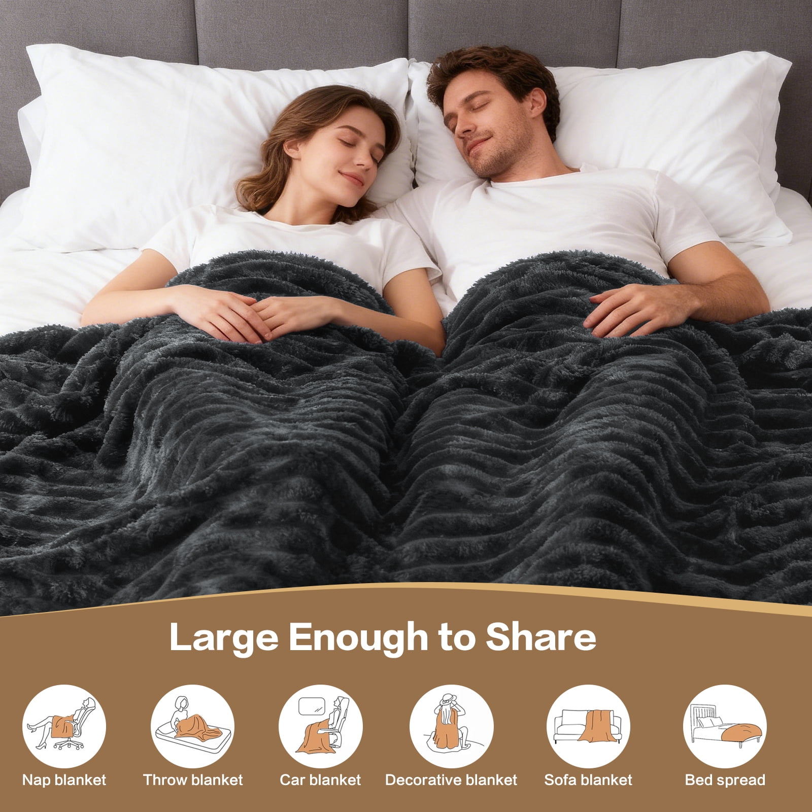 EMONIA Dark Gray Queen Fleece Blanket for Bed, 320GSM Super Soft Cozy Blankets and Throws, Decorative Throw Blankets for Women Men Gifts, Throws with Stripes for Sofa Bed Decor, 90''x90''