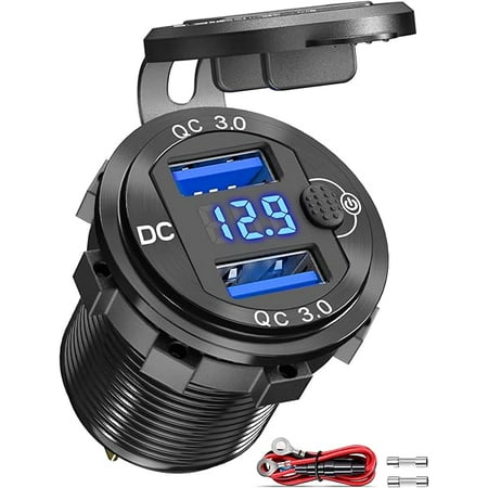 xixishop [Metal Shell] 12V USB Outlet Dual QC 3.0: Aluminum Socket 12 Volt Motorcycle USB Outlet with LED Voltmeter Button Switch Waterproof 12 V Car Charger for Boat Marine Moto RV Golf Cart