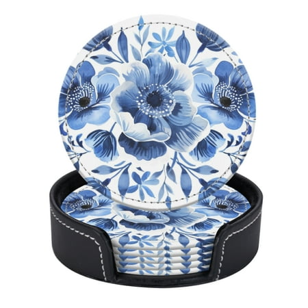 

PU Leather Coasters for Drinks Bar Beer Set of 6 with Holder Round Housewarming Gift Seamless Pattern Of Large Blue Flowers With White Background