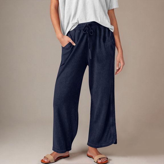gbyLJF Women's Corduroy Trousers Casual Double-pockets Loose Fit Wide Leg Pants Drawstring Stretch Waist Knitted Long Pants