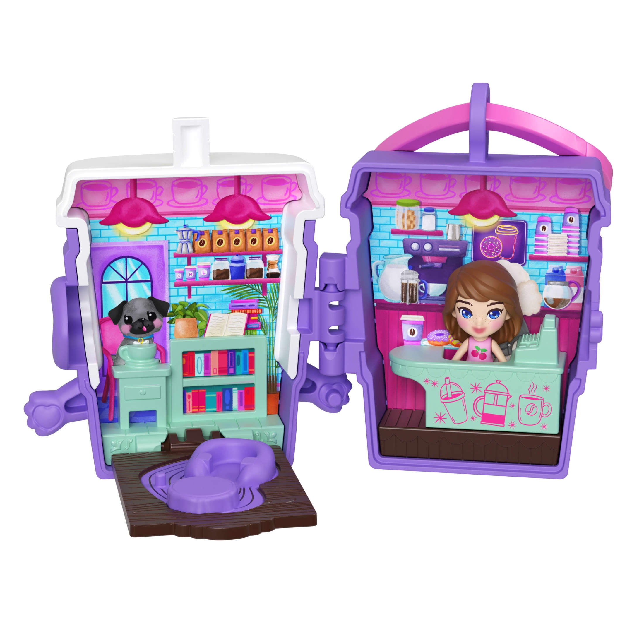 Polly Pocket Doll & Mini Compact Duo, Food-Themed Micro Playsets with 2 Dolls & 2 Keychain Clips