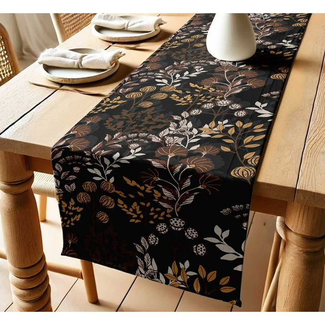 Vargottam Sustainable Cotton Table Runner Textured Twill Fabric Elegant Leaves Pattern 14 Inch Wide Washable Runner for Dining, Console, Coffee Tables
