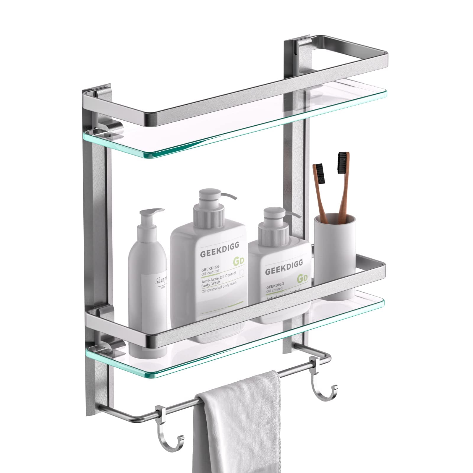 Geekdigg Bathroom Glass Shelf With Towel Bar, 2 Tier Wall Mounted