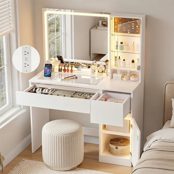Pipleo 41" Vanity Desk with Glass Top, Makeup Vanity Desk with Mirror and Lights, Modern White Vanity with Power Outlet and 3 Lighting Modes